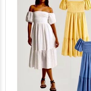 Abercrombie & Fitch White, Boho “Seersucker Puff Sleeve Midi Dress” NEW Large
